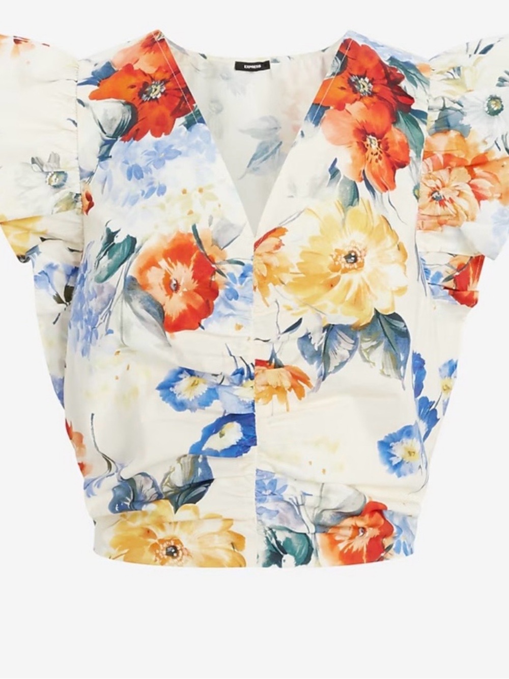 Express Women's Floral V-neck Flutter Sleeve ruched top size small